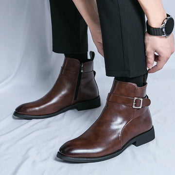 Xajzpa high-quality new ankle boots with side zipper brown black classic business casual party personalized buckle men's shoes